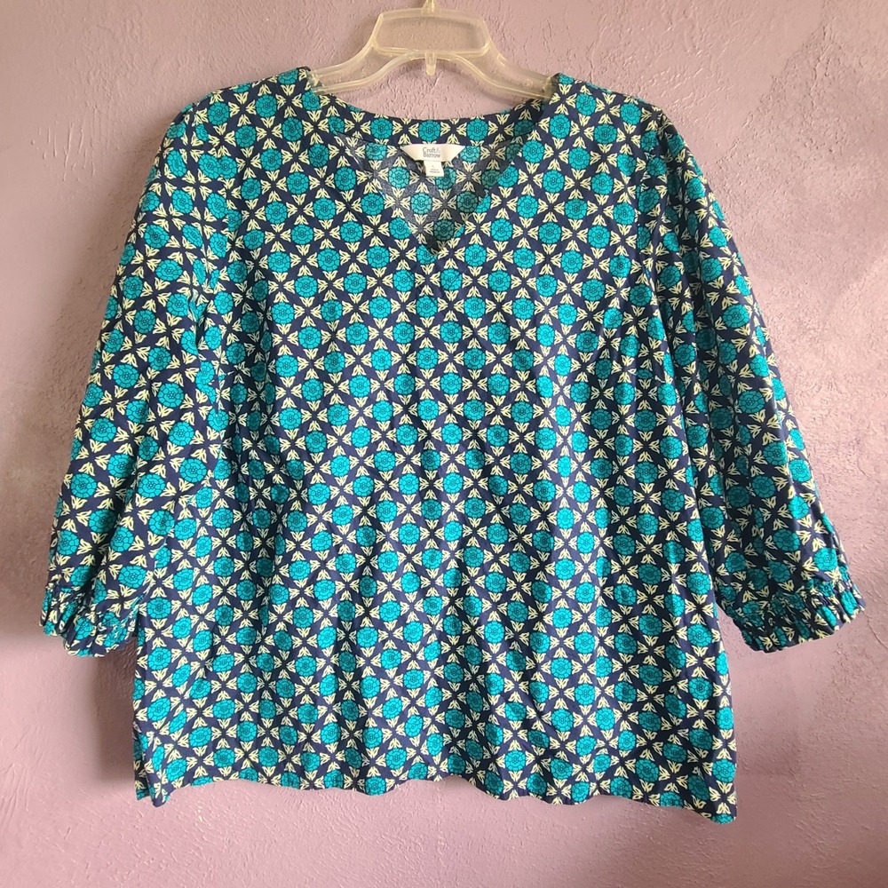 Croft & Barrow Blouse Women Large Blue Floral Medallion 3/4 Sleeve V-Neck Top